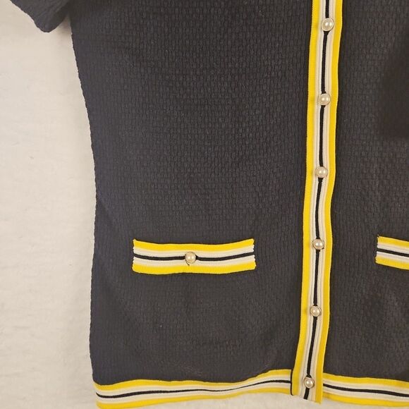 Talbots Cardigan Sweater Womens XS‎ Navy Blue Button Front Yellow White Trim - Picture 4 of 9